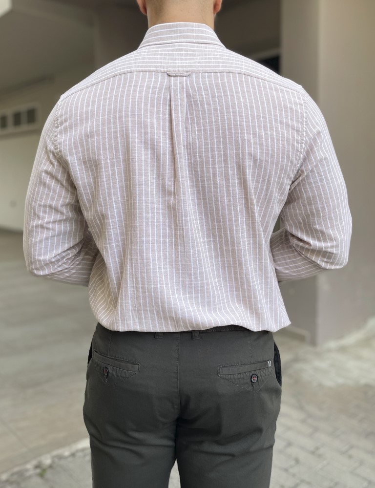 Ανδρικό μπεζ ριγέ πουκάμισο με γιακά 1566 φωτογραφία